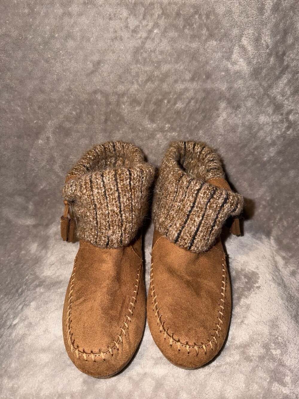 Airwalk Brown Faux Suede Knit Fold Over Tassel Moccasin Ankle Boots